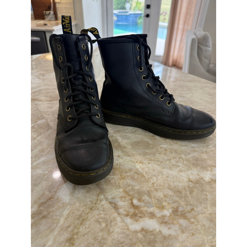 Women's Dr. Martens Black Lace Up Boots Size 7 with Yellow Accents, holes.